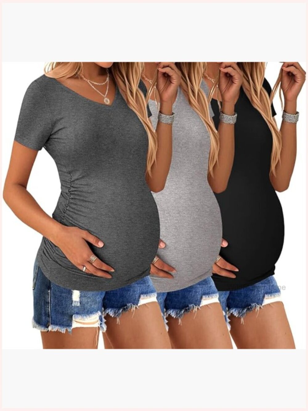 3 Pack Maternity V Neck Tunic Tops Side Ruched Short Sleeve T Shirts S-XXL